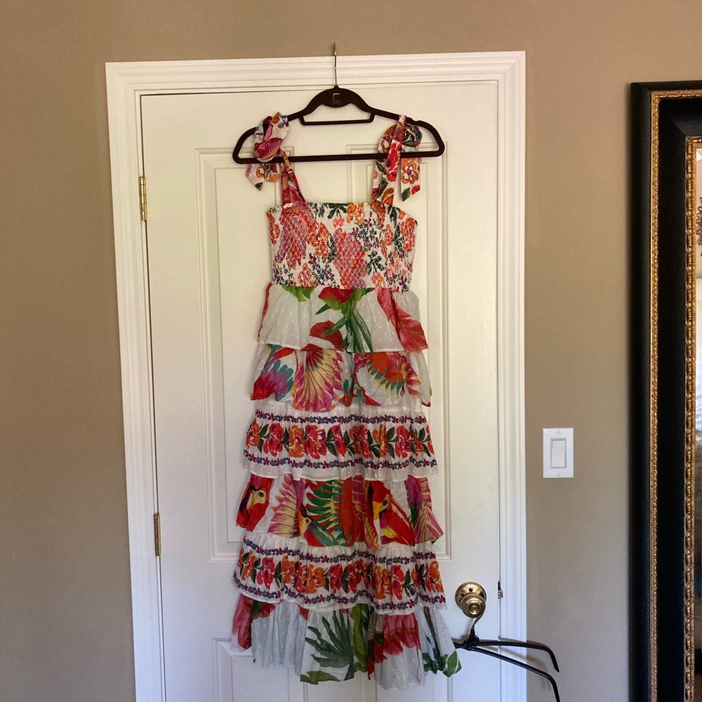 Farm Rio Smocked Tie Shoulder Tiered Dress